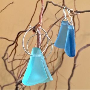 Sea glass wedge earrings glow blue and turquoise